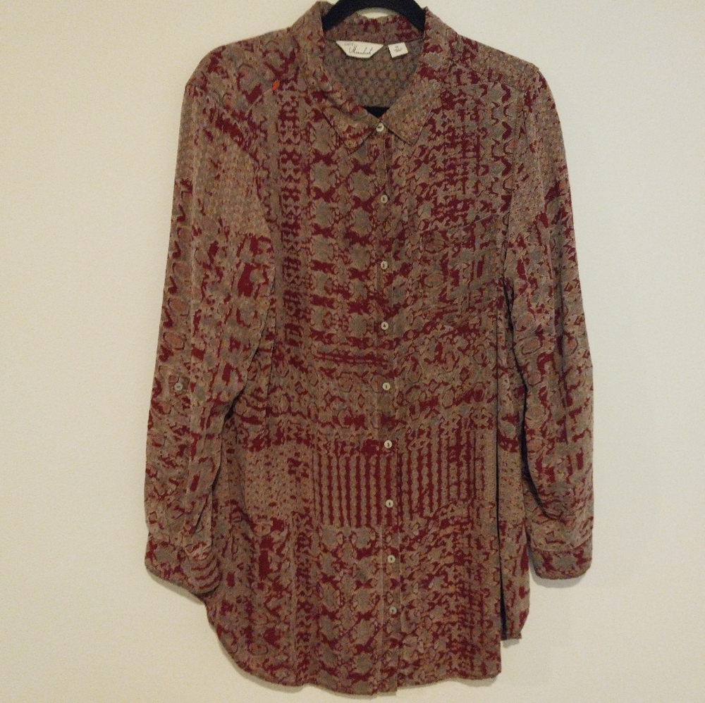 Cafe Marrakesh Red and Taupe Ikat Print Button Up Tunic
